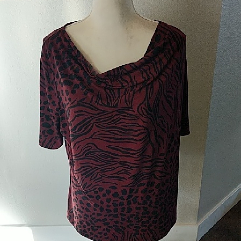 Women's Animal Print Top - Burgundy and Black  Size 20